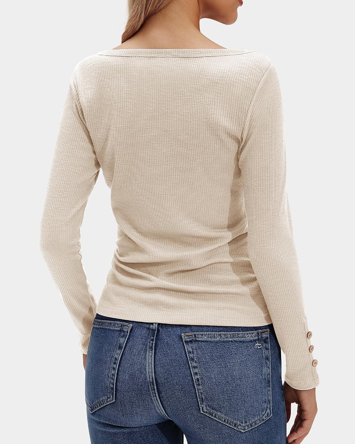 Stelle Women’s Ribbed Knit Henley Long Sleeve Button Top Loose Fit(Beige)