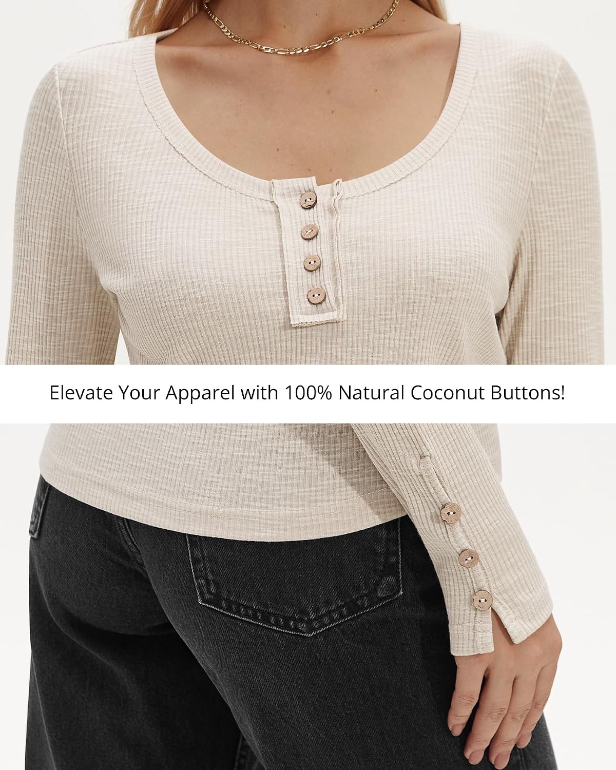 Stelle Women’s Ribbed Knit Henley Long Sleeve Button Top Loose Fit(Beige)