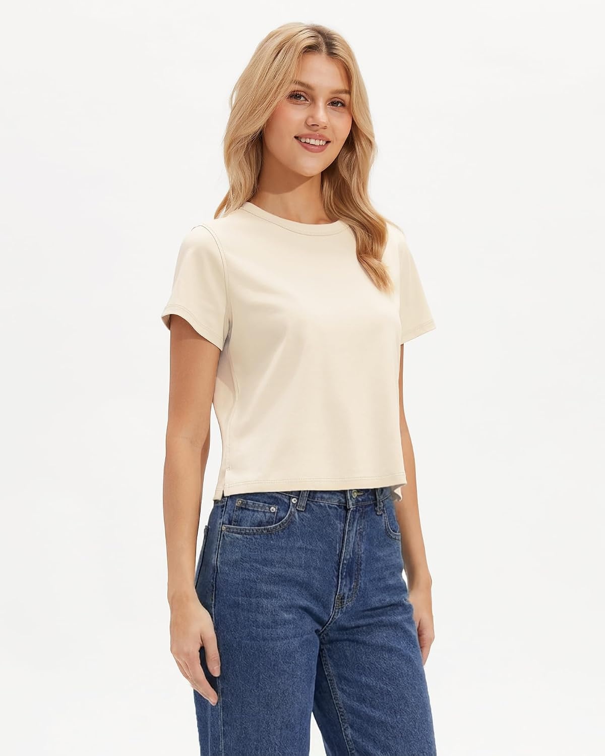 Stelle Women’s Short Sleeve Crewneck T-Shirts Cotton Basic Tees Summer Casual Solid Crop Tops(Creme)