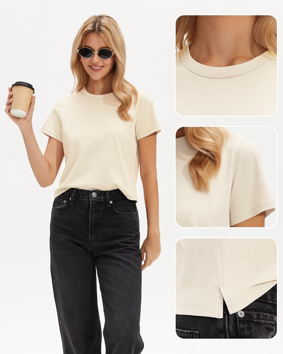 Stelle Women’s Short Sleeve Crewneck T-Shirts Cotton Basic Tees Summer Casual Solid Crop Tops(Creme)