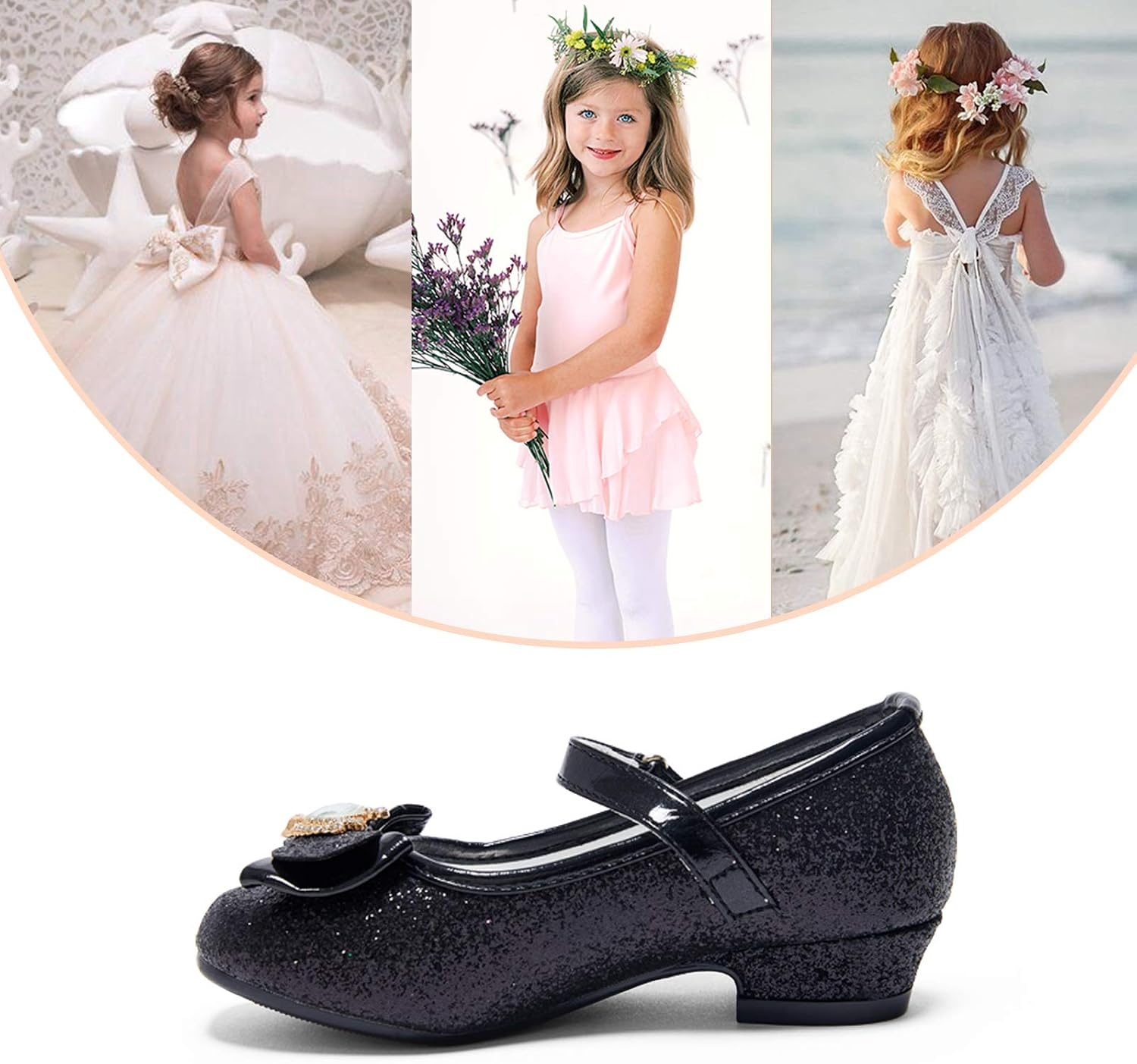 Stelle Girls Dress Shoes Glitter Princess Shoe Flower Mary Jane Low Heels Party Wedding Prom Footwear for Toddler Kids(T13-black Glitter)