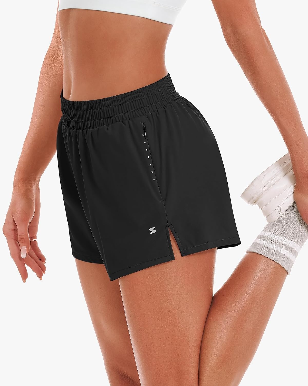 Stelle Women’s 3.5″ High Waisted Running Shorts Quick-Dry Gym Shorts Workout Athletic Shorts Mesh Liner with Zipper Pockets(Black)