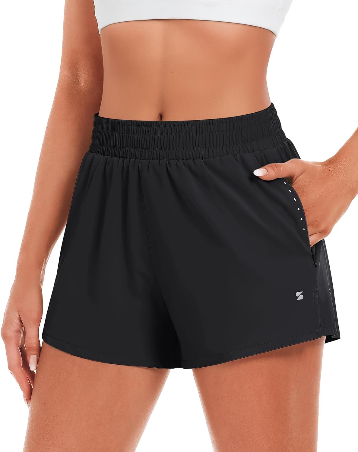 Stelle Women’s 3.5″ High Waisted Running Shorts Quick-Dry Gym Shorts Workout Athletic Shorts Mesh Liner with Zipper Pockets(Black)
