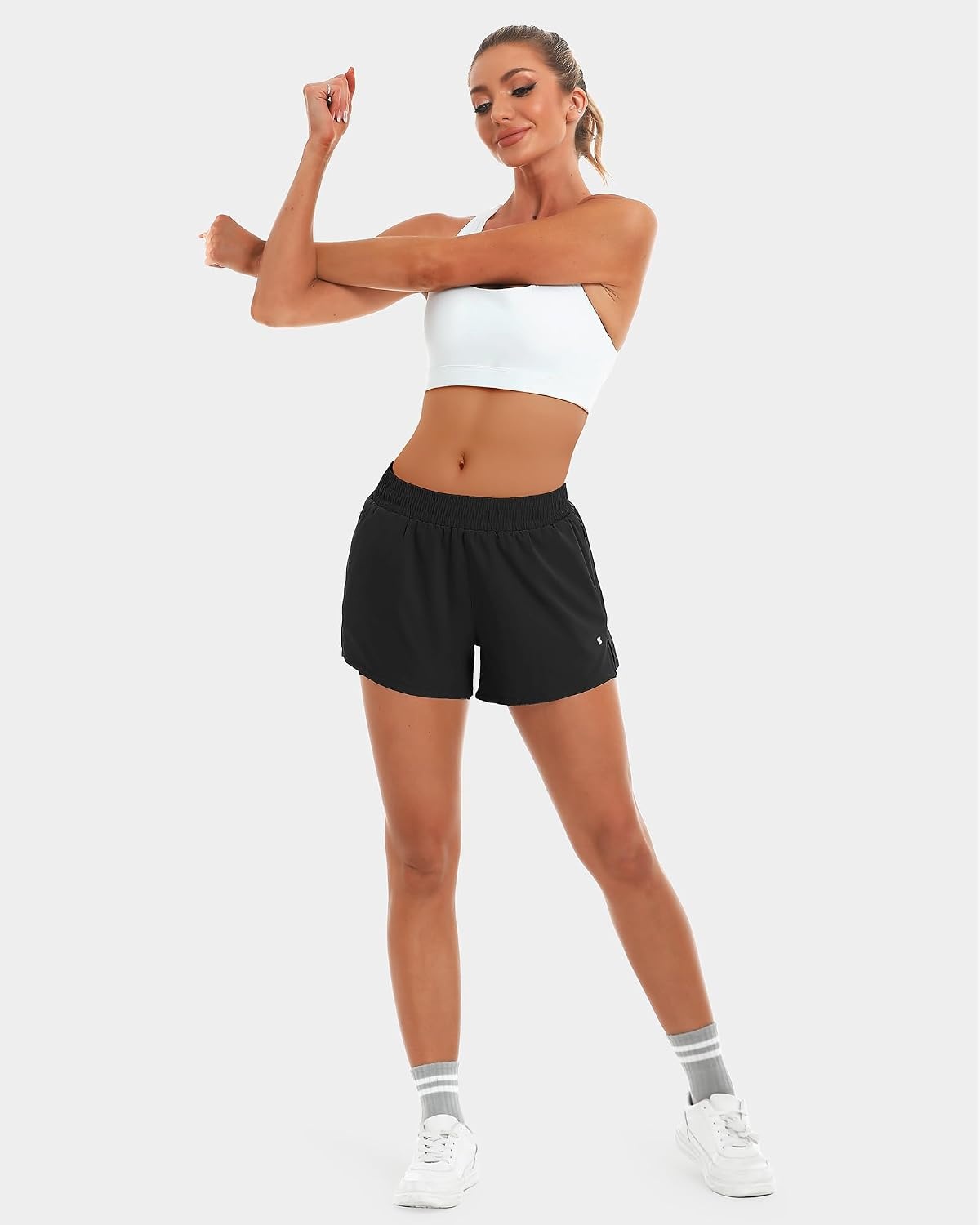 Stelle Women’s 3.5″ High Waisted Running Shorts Quick-Dry Gym Shorts Workout Athletic Shorts Mesh Liner with Zipper Pockets(Black)
