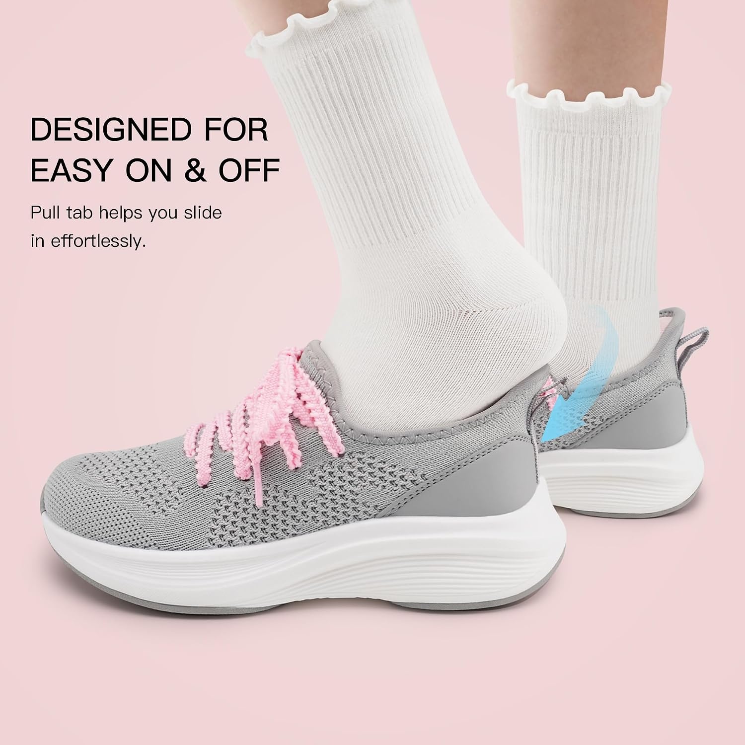 Stelle Girls Tennis Shoes with Slip-On Kids Running Shoes(Light Grey)