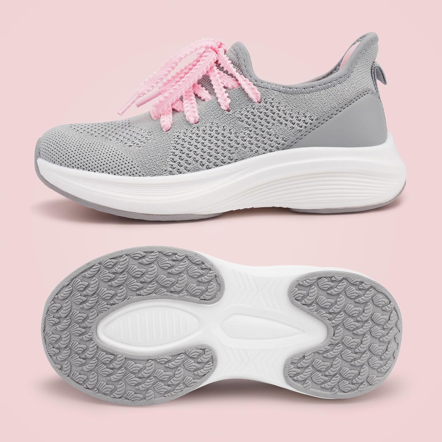 Stelle Girls Tennis Shoes with Slip-On Kids Running Shoes(Light Grey)