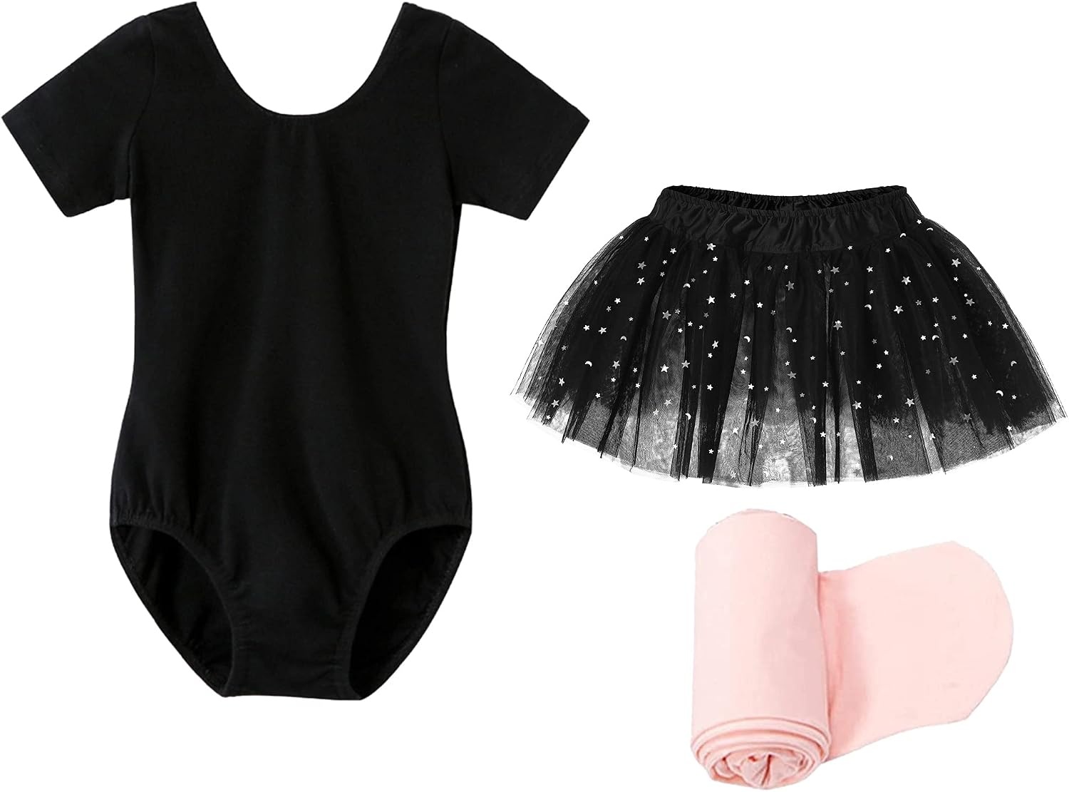 Stelle Girls Ballet Leotards Toddler Dance Outfit Combo with Pull on Skirt and Tights (Toddler/Little Kid/Big Kid)(02-black (Shiny Tutu Skirt))