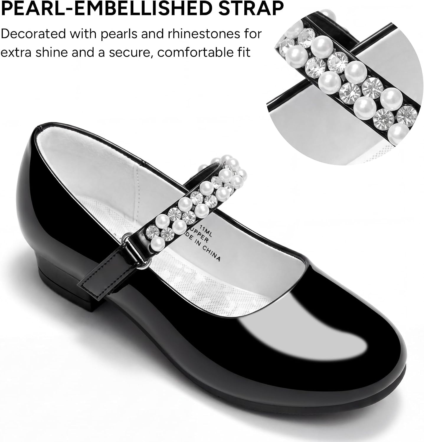 Stelle Girls Dress Shoes with Jeweled Strap for Wedding Flower Girl Party | Sparkling jewel strap, Cushioned comfort, Hook-and-loop closure, School, Dress occasions, Patent finish, Glitter finish(Black)