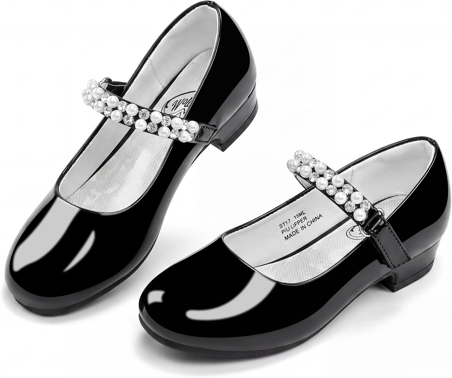 Stelle Girls Dress Shoes with Jeweled Strap for Wedding Flower Girl Party | Sparkling jewel strap, Cushioned comfort, Hook-and-loop closure, School, Dress occasions, Patent finish, Glitter finish(Black)