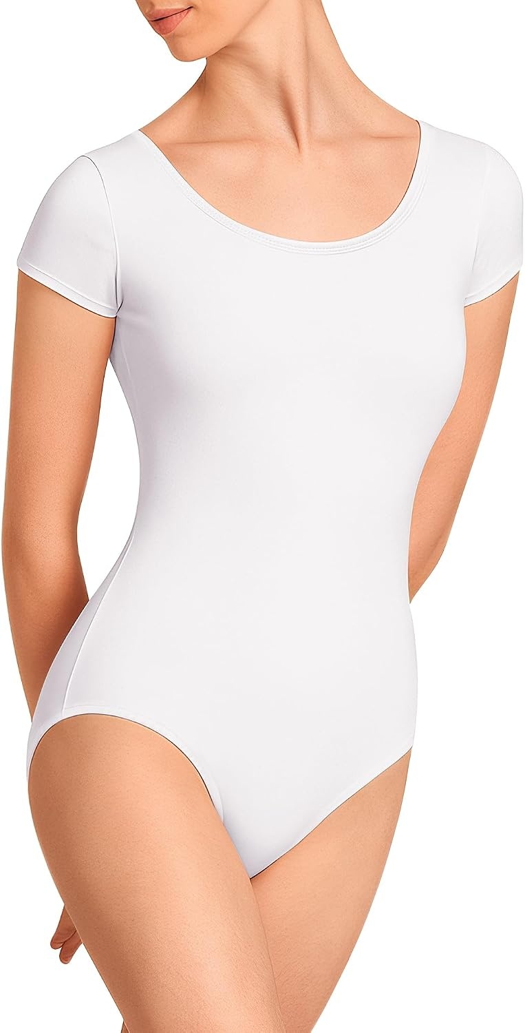Stelle Women’s Ballet Leotard for Dance Scoop Neck Double Lined Bodysuit(White)