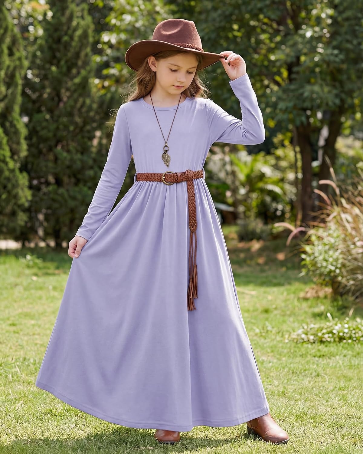 Stelle Girls Long Sleeve Maxi Dress with Pockets 6-15 Years | Crew Neck,Ankle Length,High Waist,Stretchable,Twirly,A Line, Spring Fall Dresses,Church,Long Dress for Little Kid,Teen,Tween(Lilac)