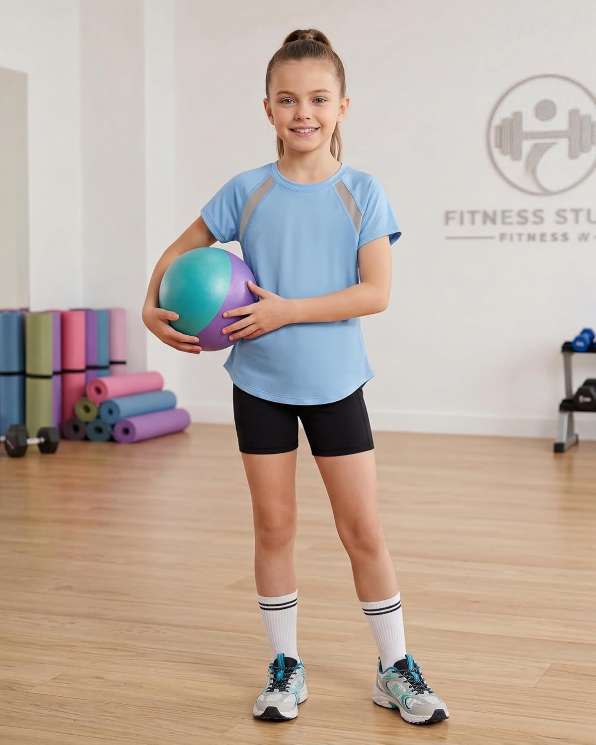Stelle Girls Athletic Shirts Short Sleeve Crewneck T Shirts Active Sports Top Soccer Gym Workout Tshirt Summer Tees for Kid(Light Blue-07)