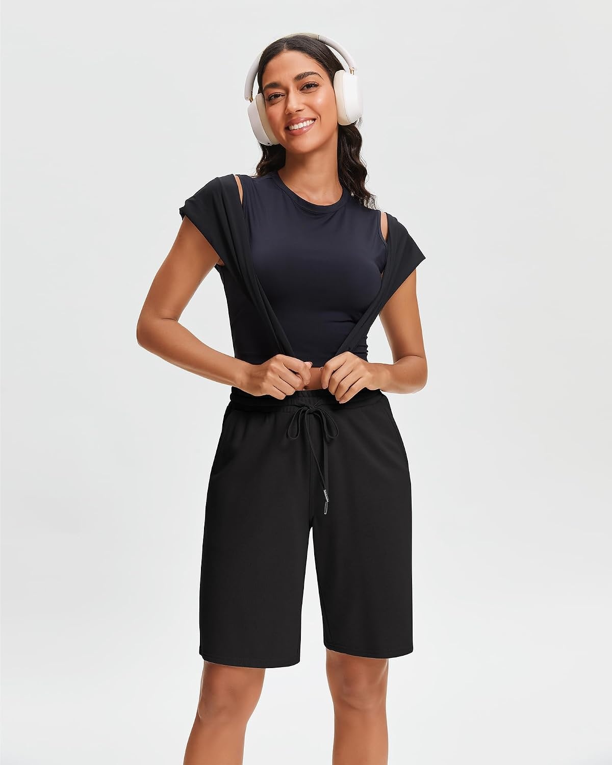 Stelle Women’s Cotton Bermuda Shorts 10″ Sweat Shorts with Deep Pockets(10″ Black)