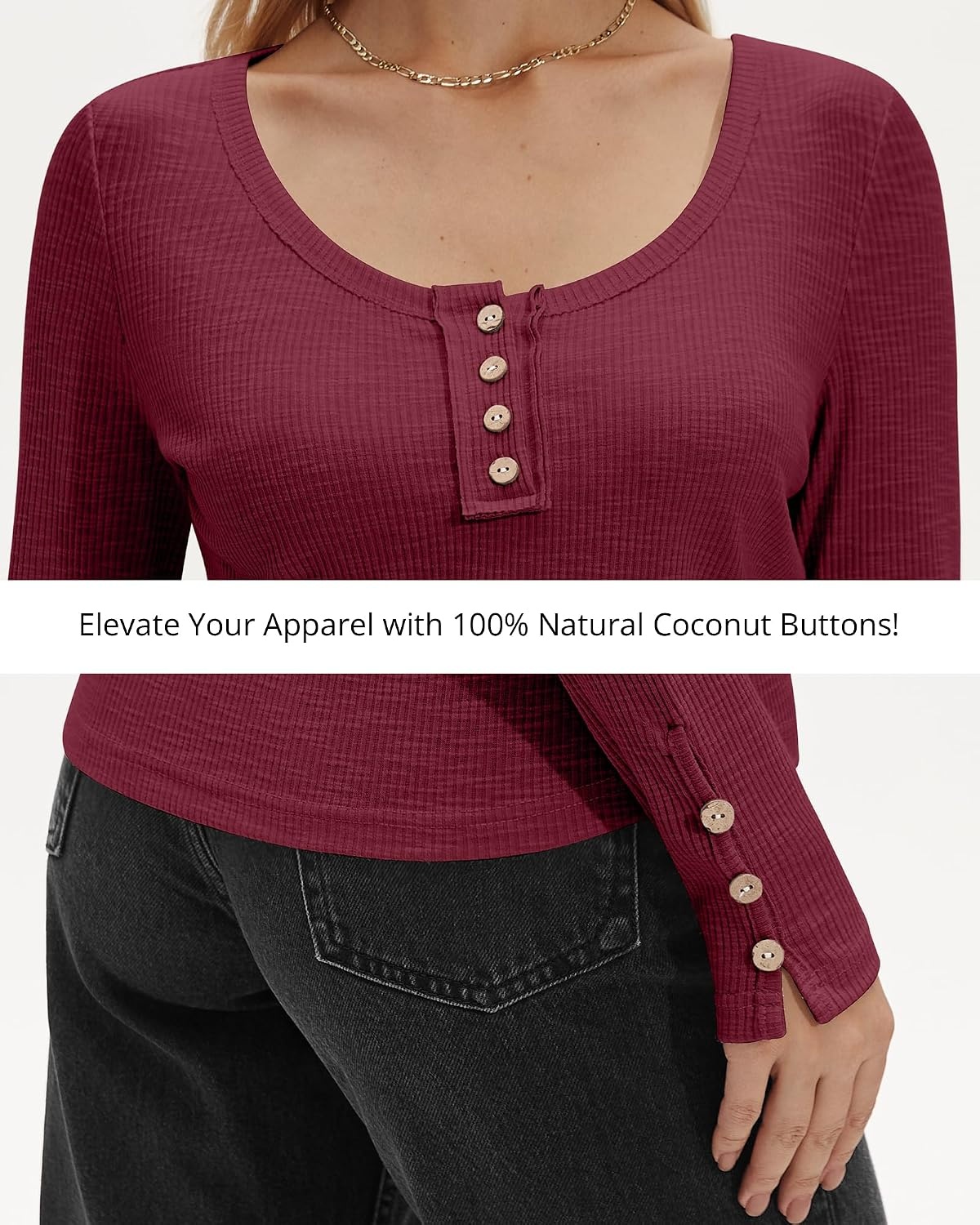 Stelle Women’s Ribbed Knit Henley Long Sleeve Button Top Loose Fit(Burgundy)