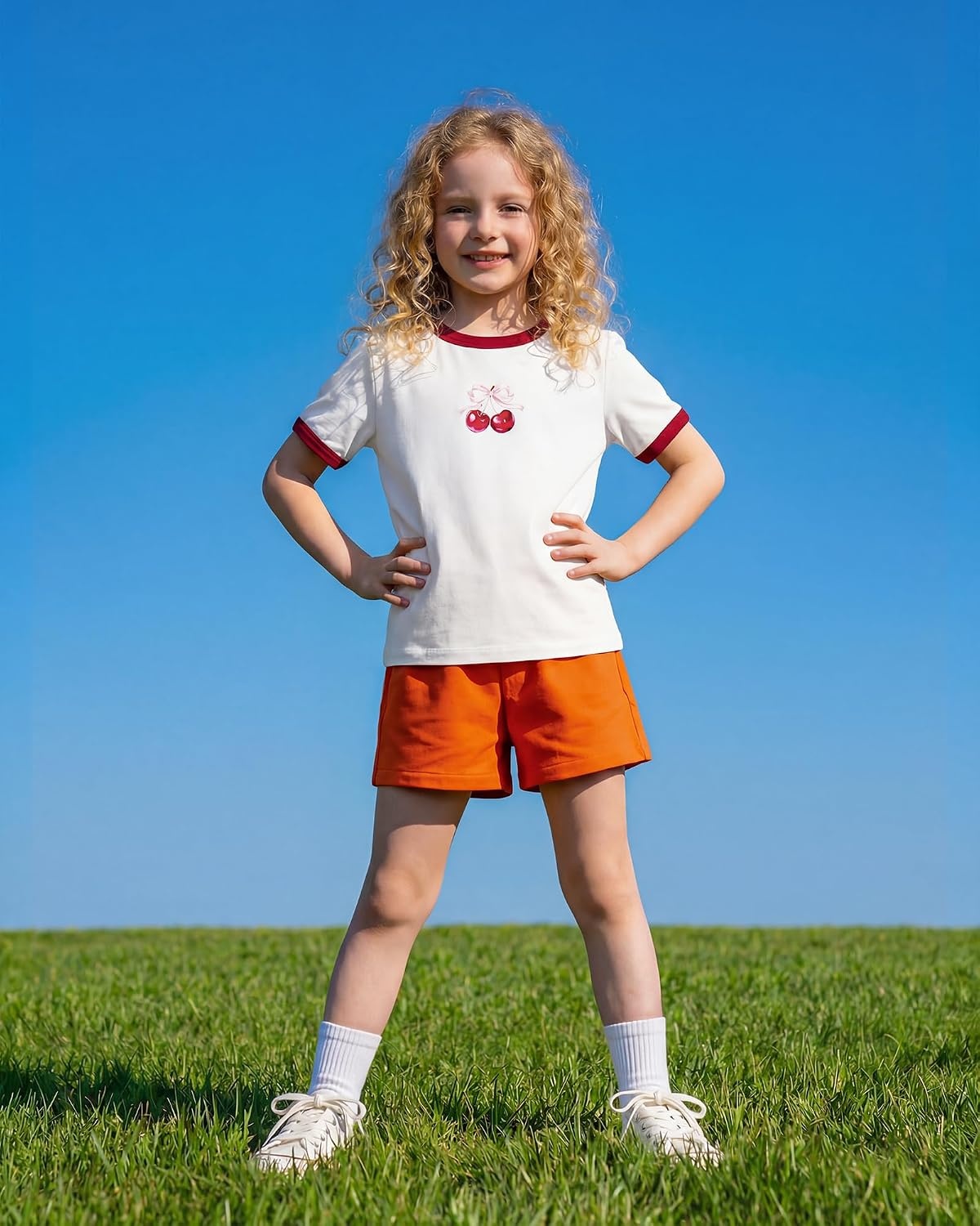 Stelle Girls Retro Graphic T Shirt Soft Stretch Crewneck for School(Cherry|white)