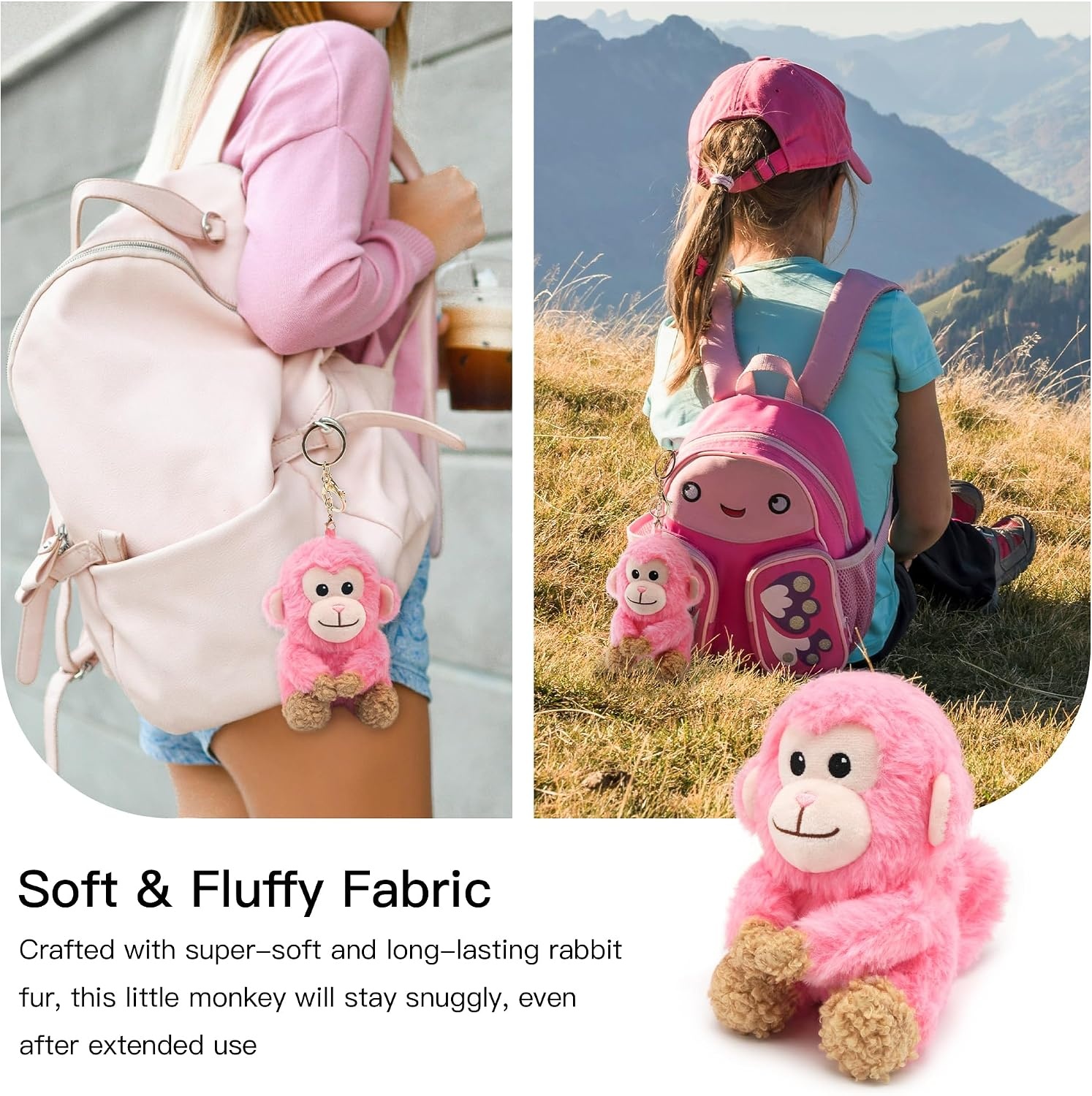 Stelle Cute Softball Plush Keychain for Backpack Kawaii Fuzzy Pink Bag Charm Soft Keychain Accessories Gifts for Girls(Pink-monkey)