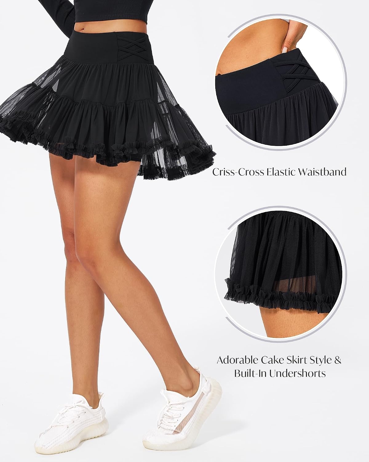 Stelle Women’s High Waist Athletic Skorts with Shorts Pockets Ruffle Flowy Mini Cake Skirt Layered Pleated Cute Casual Summer(Black)