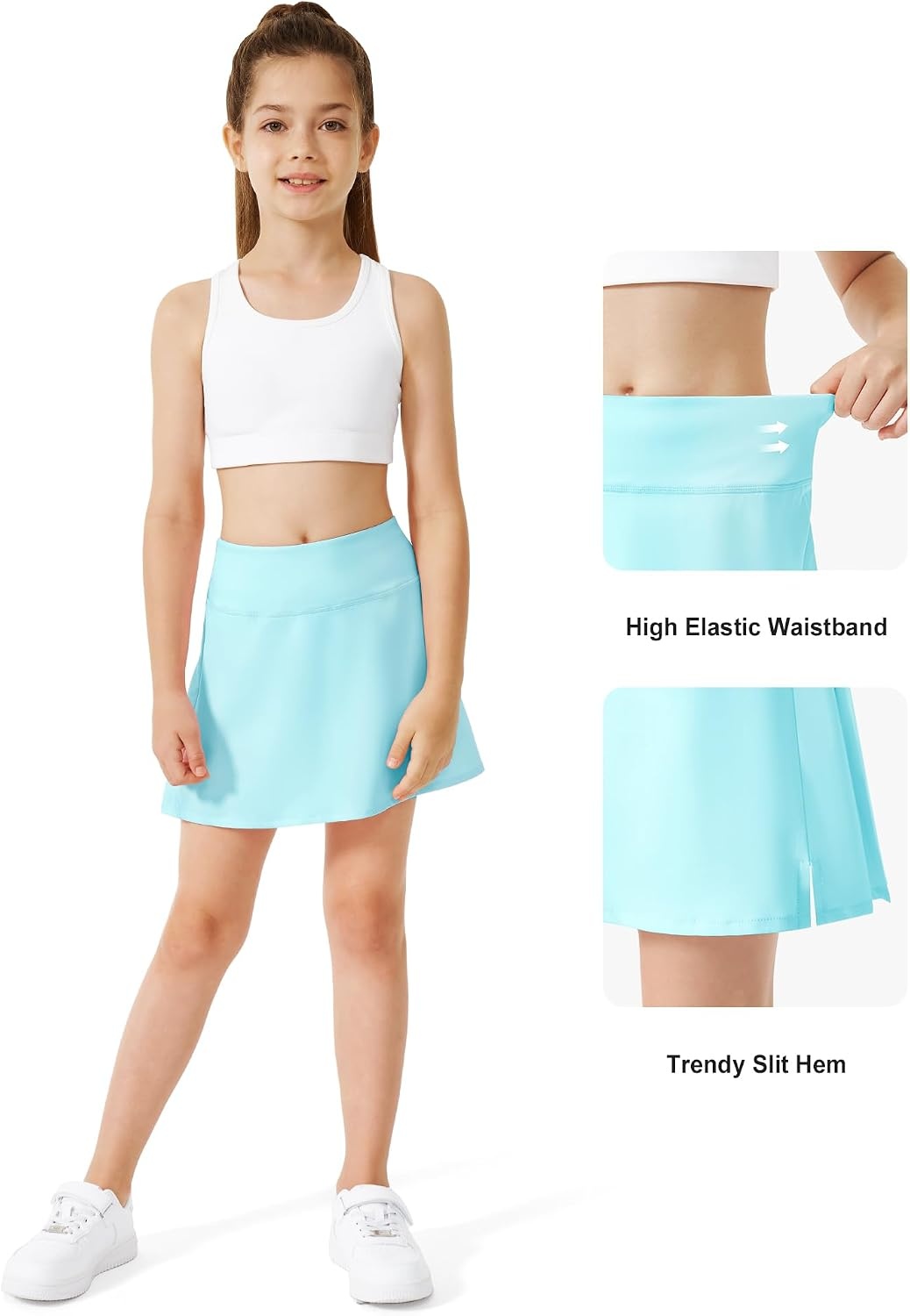 Stelle Girls Tennis Skirts with Inner Shorts Pockets Golf Skirts Athletic Running Workout Pleated Skort 5-15Years(Light Blue)