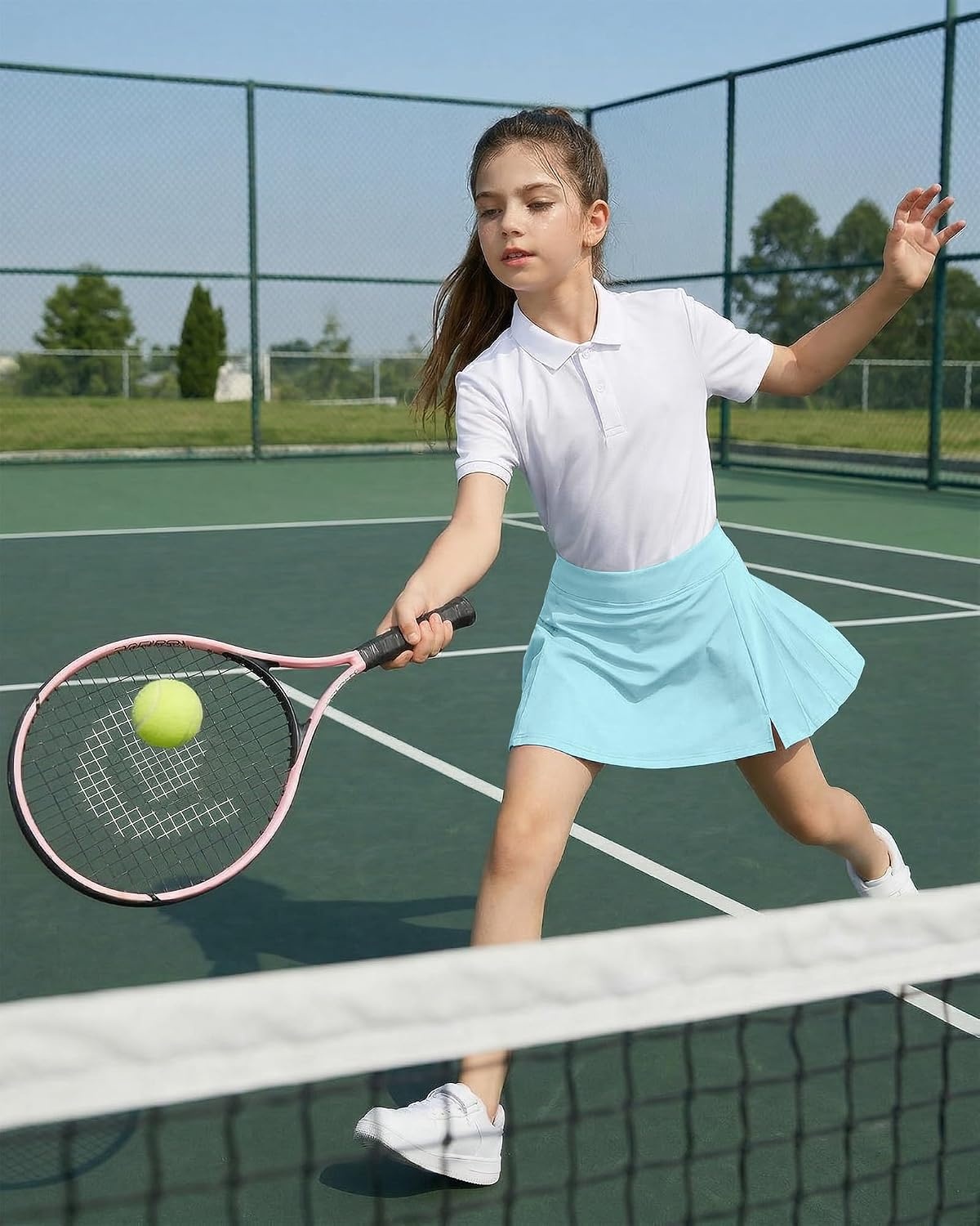 Stelle Girls Tennis Skirts with Inner Shorts Pockets Golf Skirts Athletic Running Workout Pleated Skort 5-15Years(Light Blue)