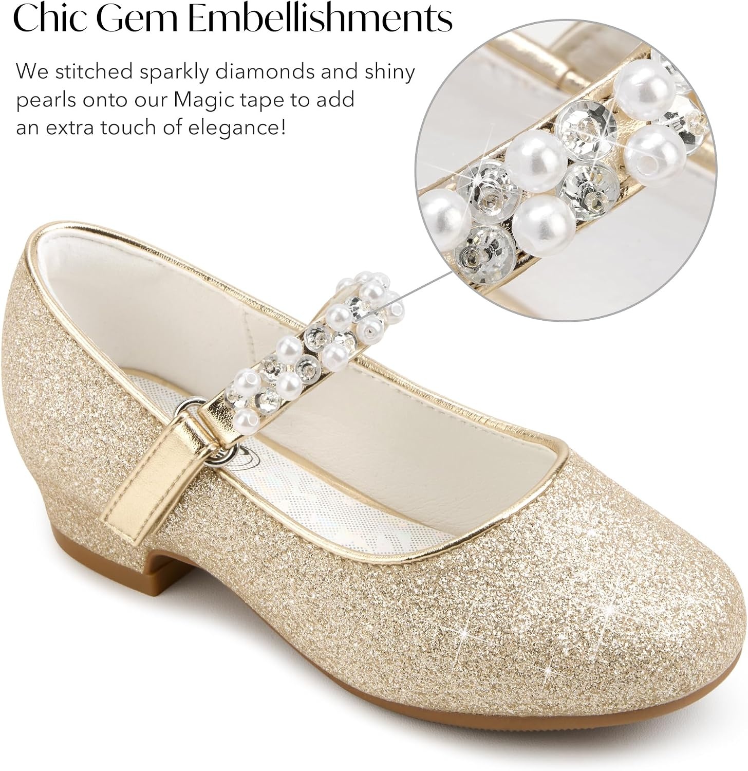 Stelle Girls Dress Shoes with Jeweled Strap for Wedding Flower Girl Party(Gold)