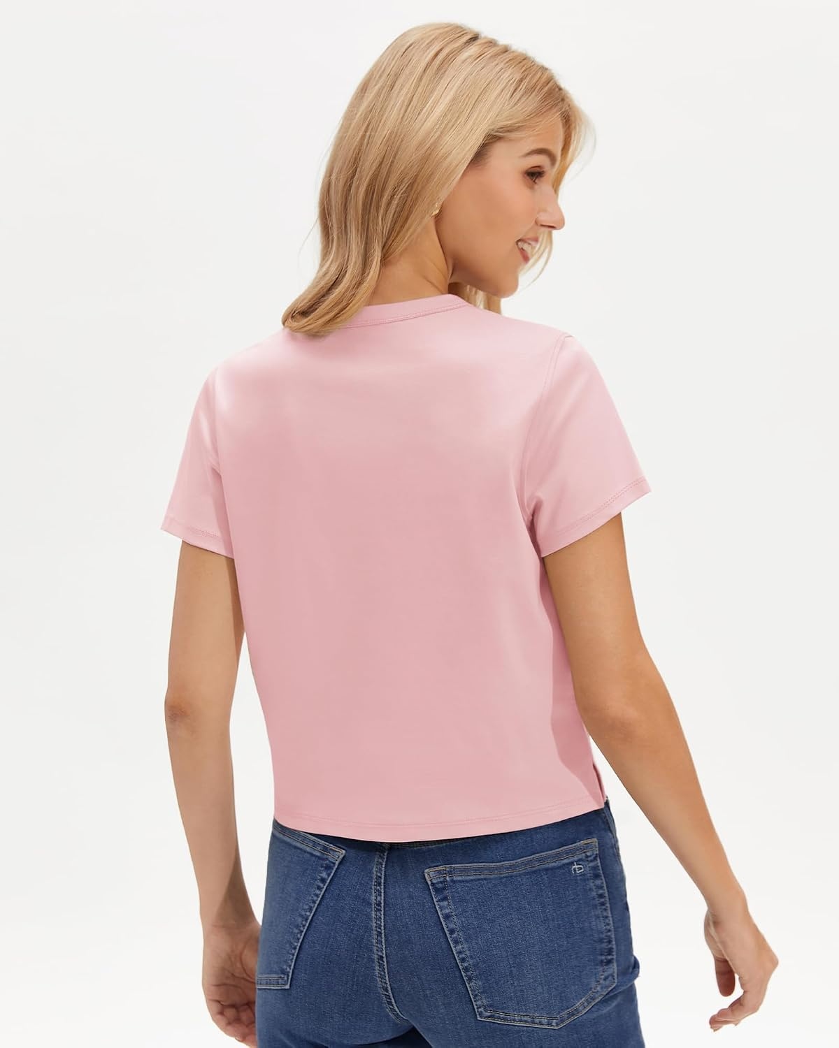 Stelle Women’s Short Sleeve Crewneck T-Shirts Cotton Basic Tees Summer Casual Solid Crop Tops(Light Pink)