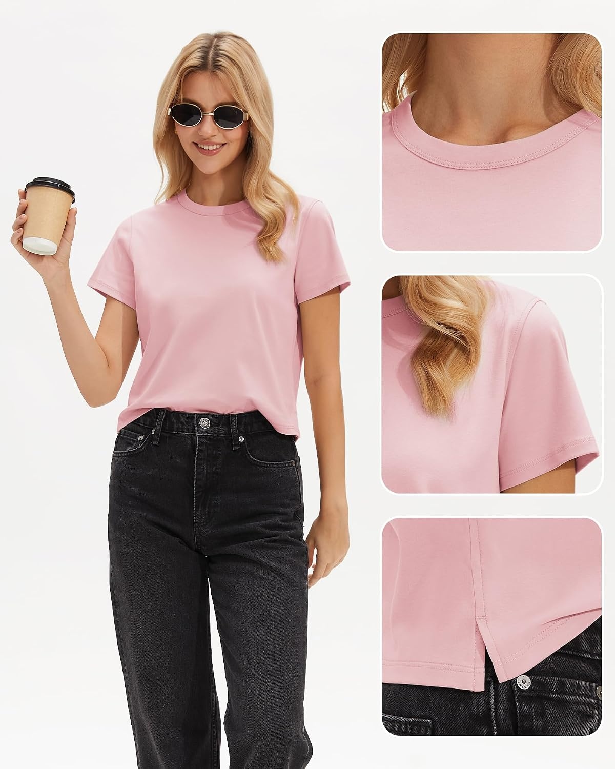 Stelle Women’s Short Sleeve Crewneck T-Shirts Cotton Basic Tees Summer Casual Solid Crop Tops(Light Pink)