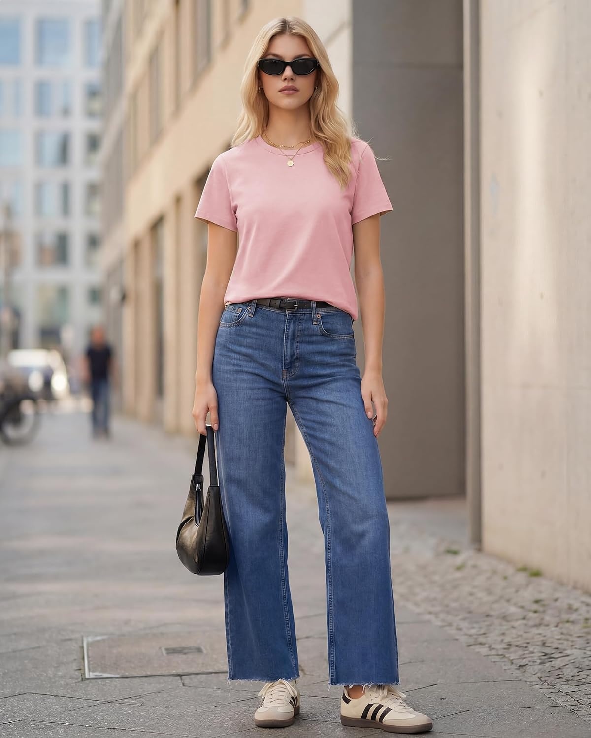 Stelle Women’s Short Sleeve Crewneck T-Shirts Cotton Basic Tees Summer Casual Solid Crop Tops(Light Pink)
