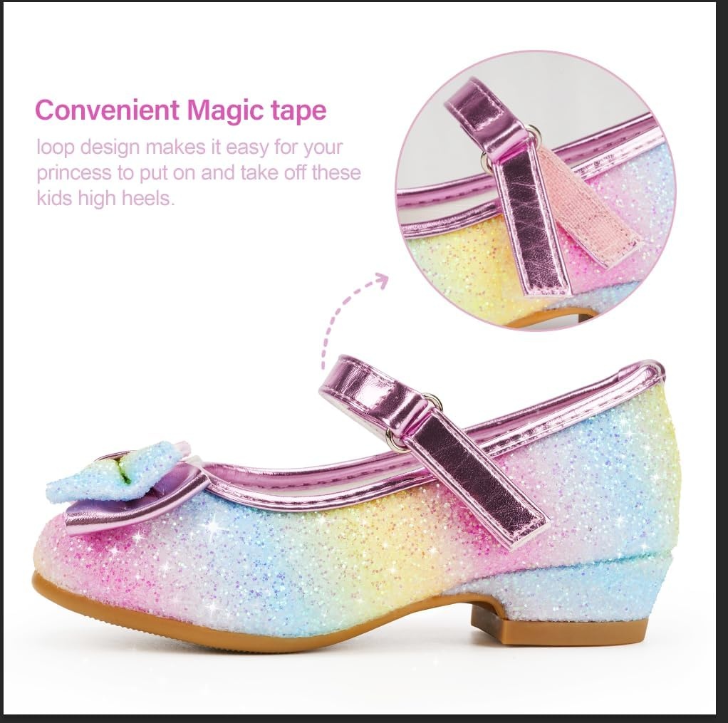 Stelle Girls Dress Shoes Glitter Princess Shoe Flower Mary Jane Low Heels Party Wedding Prom Footwear for Toddler Kids(T08-rainbow)