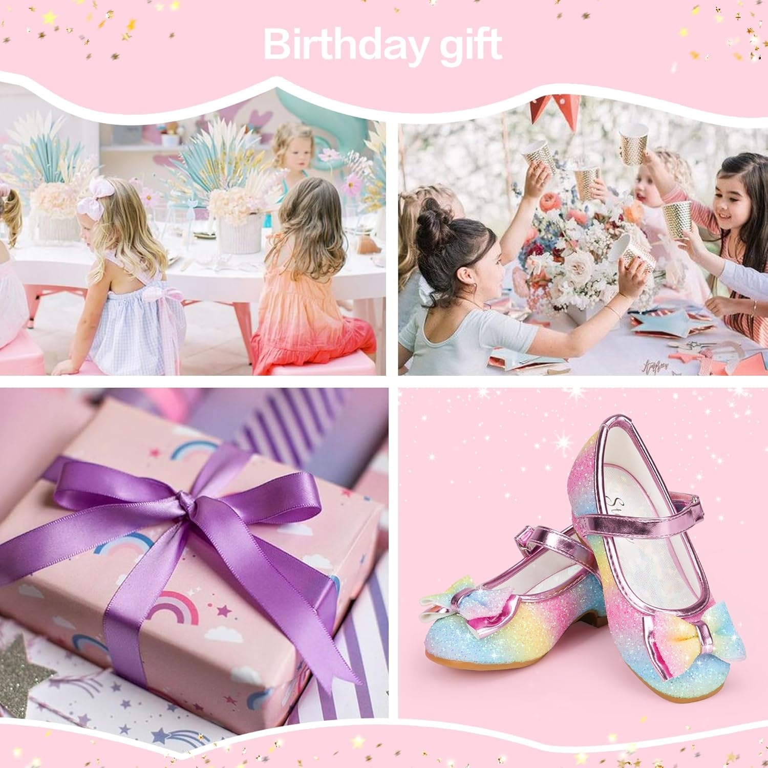 Stelle Girls Dress Shoes Glitter Princess Shoe Flower Mary Jane Low Heels Party Wedding Prom Footwear for Toddler Kids(T08-rainbow)