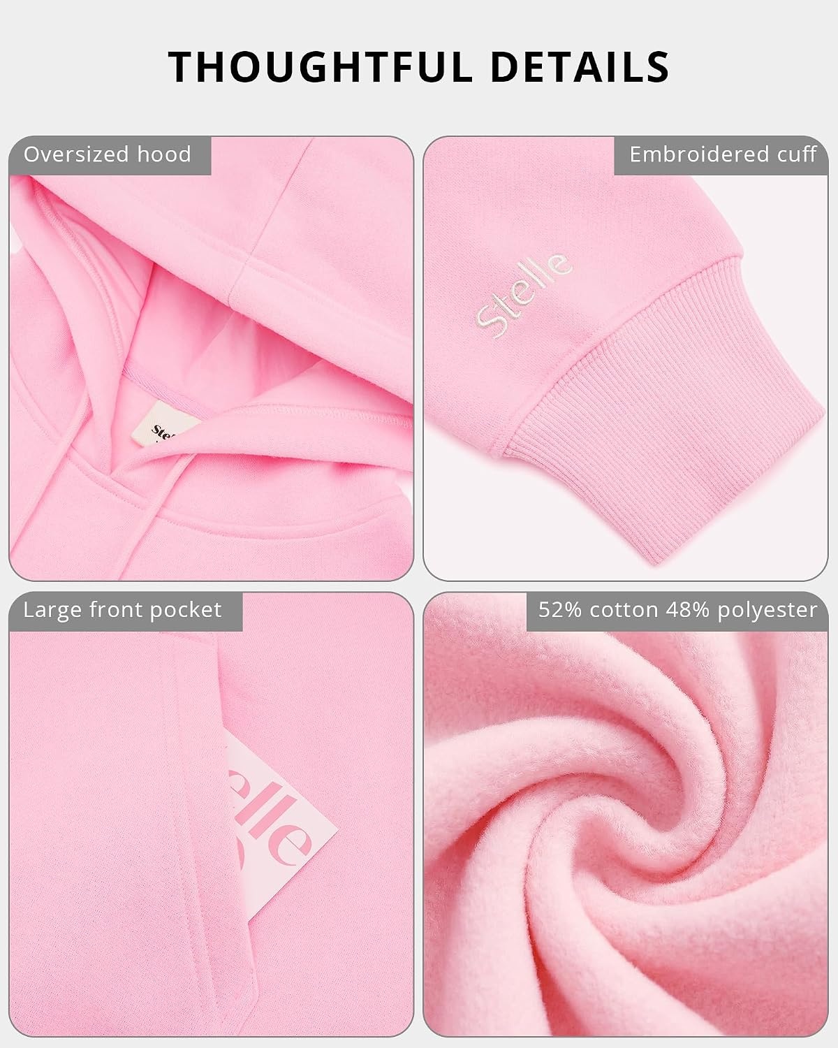 Stelle Women’s Oversized Fleece Hoodie Printed Cuff Fall Sweatshirts(Pink)
