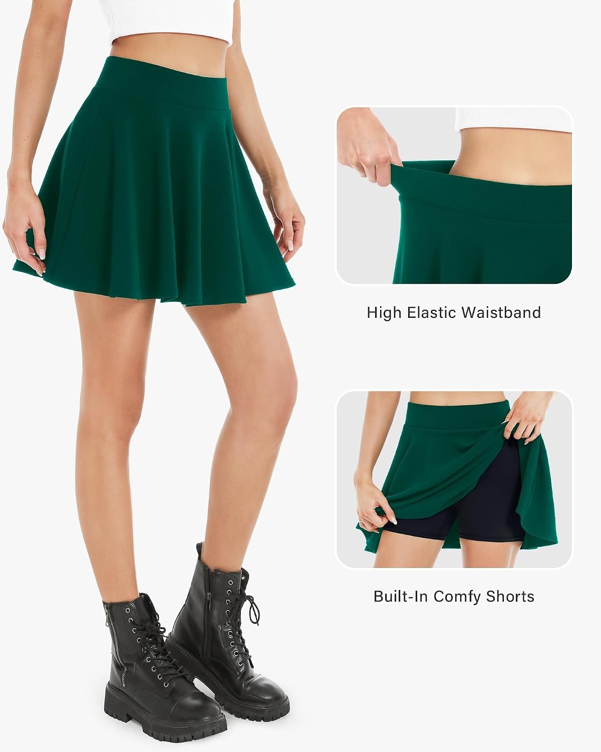Stelle Women Casual Skater Skirts with Shorts Flared Mini Skorts(Green)