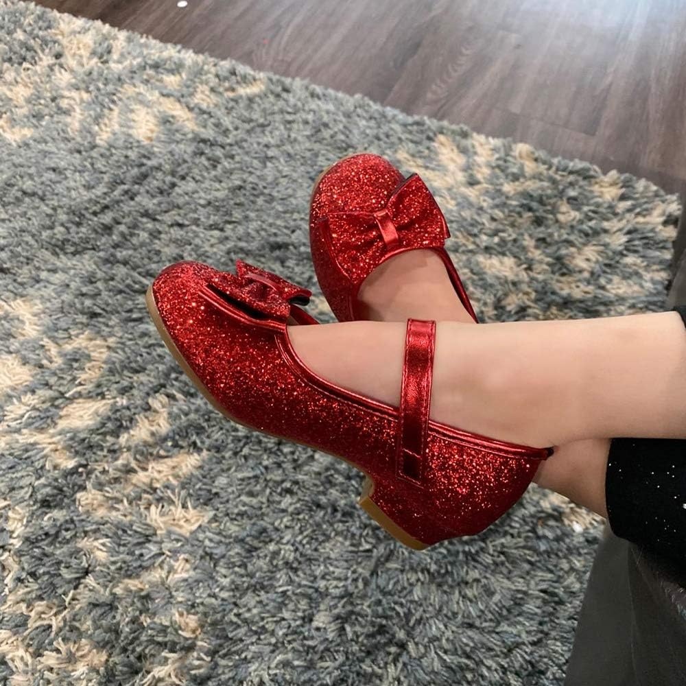 Stelle Girls Dress Shoes Glitter Princess Shoe Flower Mary Jane Low Heels Party Wedding Prom Footwear for Toddler Kids(T08-ruby Red Glitter)