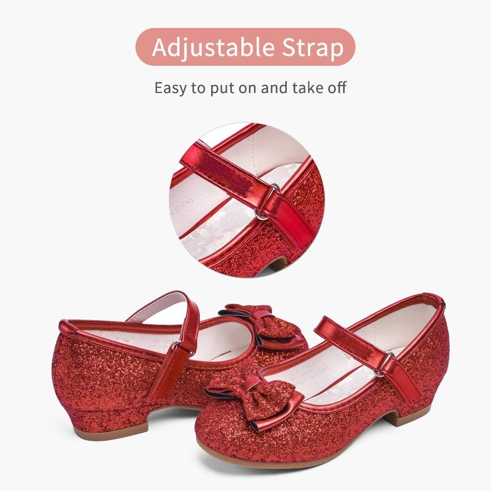 Stelle Girls Dress Shoes Glitter Princess Shoe Flower Mary Jane Low Heels Party Wedding Prom Footwear for Toddler Kids(T08-ruby Red Glitter)