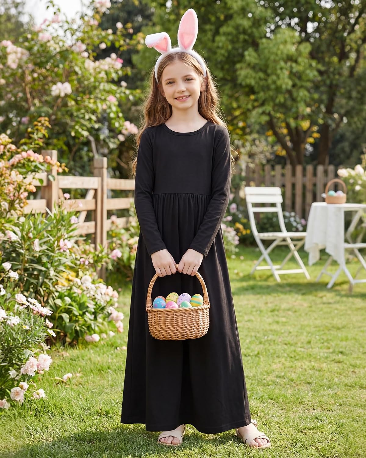 Stelle Girls Long Sleeve Maxi Dress with Pockets 6-15 Years | Crew Neck,Ankle Length,High Waist,Stretchable,Twirly,A Line, Spring Fall Dresses,Church,Long Dress for Little Kid,Teen,Tween(Black)