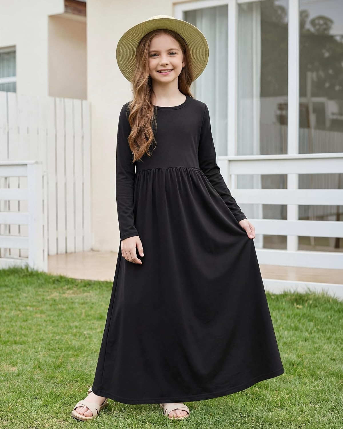Stelle Girls Long Sleeve Maxi Dress with Pockets 6-15 Years | Crew Neck,Ankle Length,High Waist,Stretchable,Twirly,A Line, Spring Fall Dresses,Church,Long Dress for Little Kid,Teen,Tween(Black)