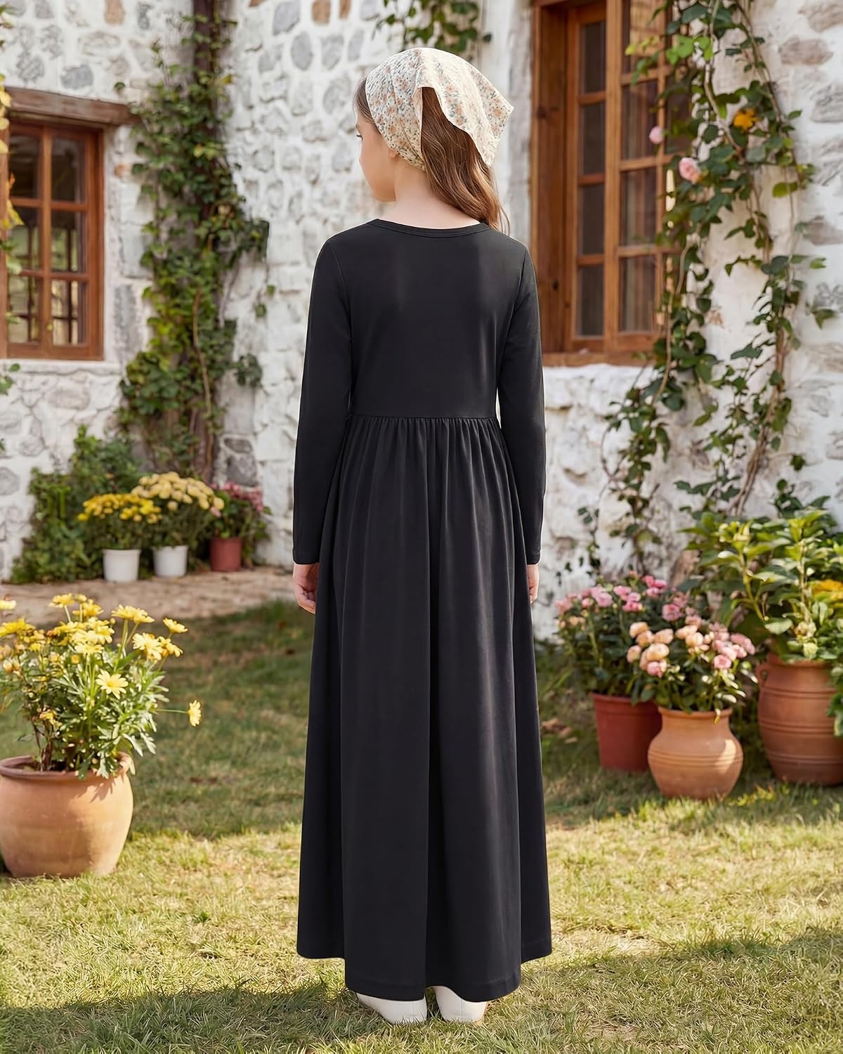 Stelle Girls Long Sleeve Maxi Dress with Pockets 6-15 Years | Crew Neck,Ankle Length,High Waist,Stretchable,Twirly,A Line, Spring Fall Dresses,Church,Long Dress for Little Kid,Teen,Tween(Black)