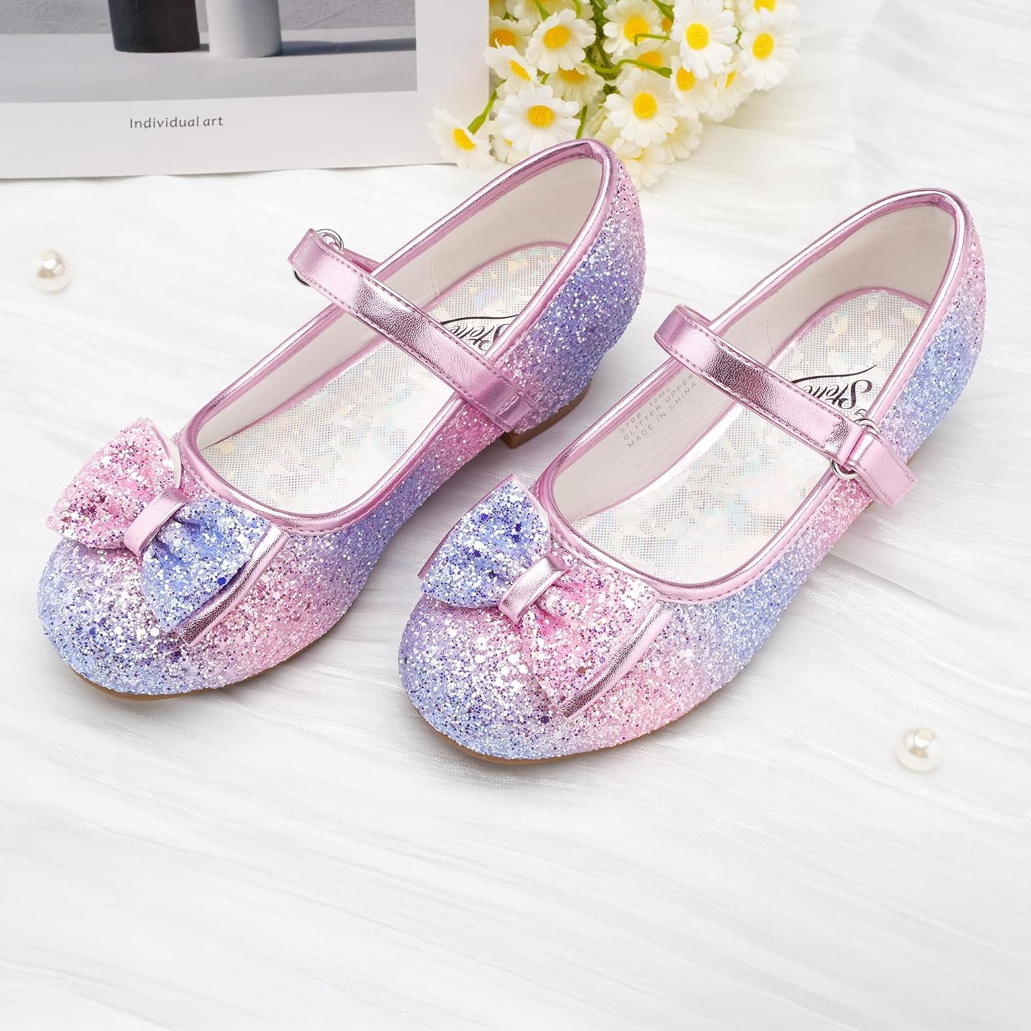 Stelle Girls Dress Shoes Glitter Princess Shoe Flower Mary Jane Low Heels Party Wedding Prom Footwear for Toddler Kids(T08-rainbow Blue)