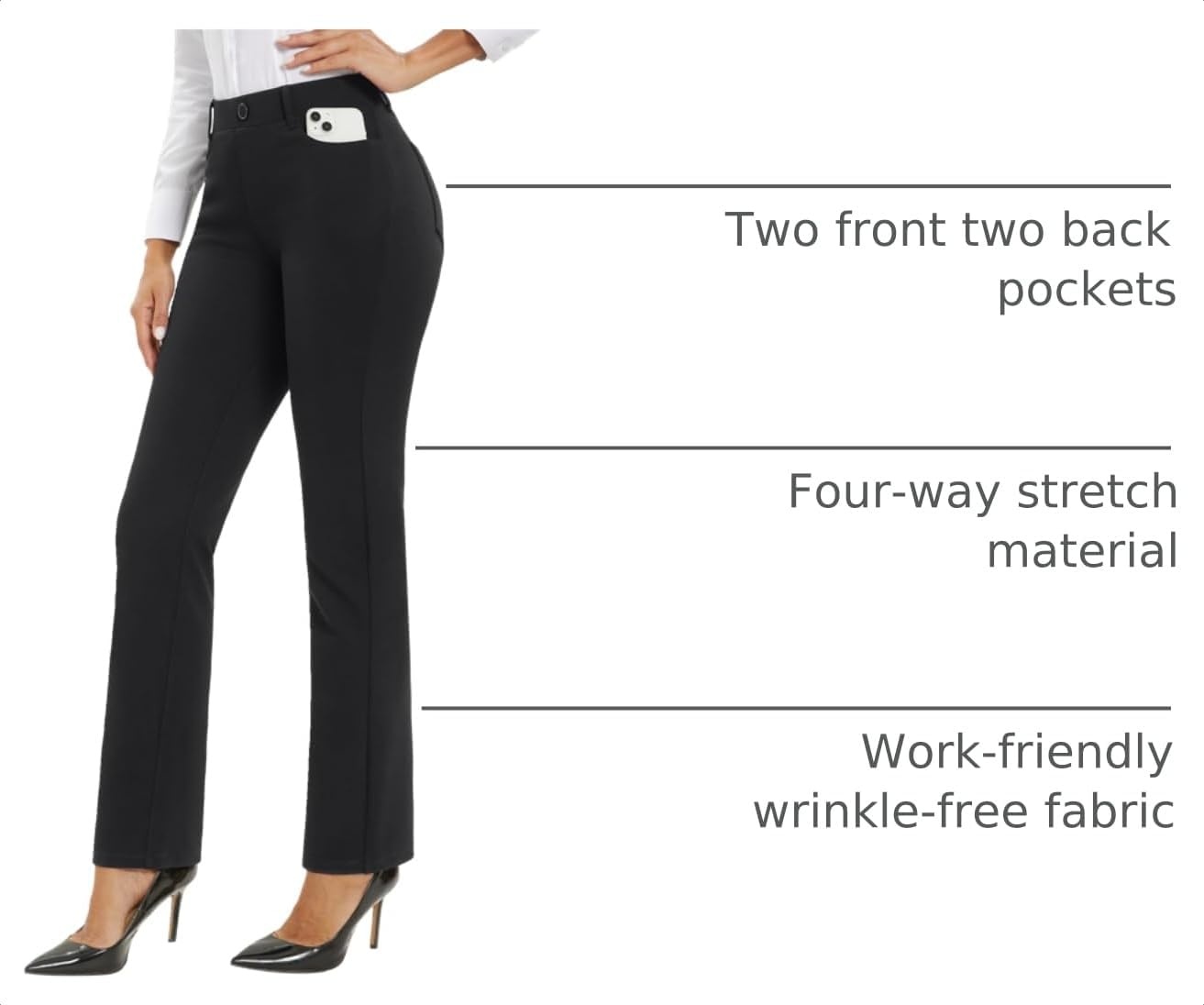 Stelle Women’s 30 Inch Straight Leg Work Pants Stretch Business Casual | Pull-on waistband, Functional pockets, Wrinkle resistant, Office, Travel, Professional wear, All-day comfort(Black-2)