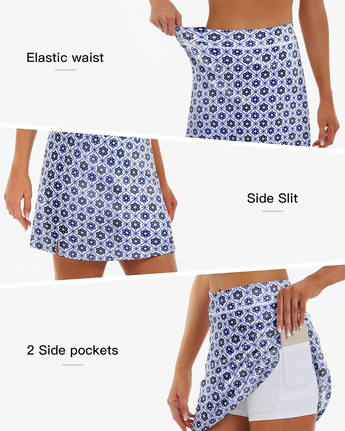 Stelle 17″ Golf Skirts for Women Pickleball Tennis Skorts with 2 Pockets | Athletic Skorts, High Waisted, Tummy Control, Built-In Shorts, Flattering Fit, Side Slits, Running(Floral Tiles Print)