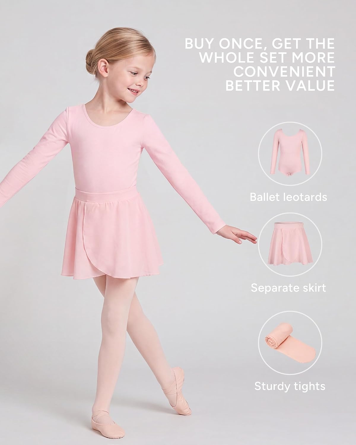 Stelle Girls Ballet Leotards Dance Outfits with Skirt and Footed Tights | Crew neck, Removable ballet skirt, Durable footed tights, Fully lined front, High elasticity & durable, Breathable(04-ballet Pink-long Sleeve)