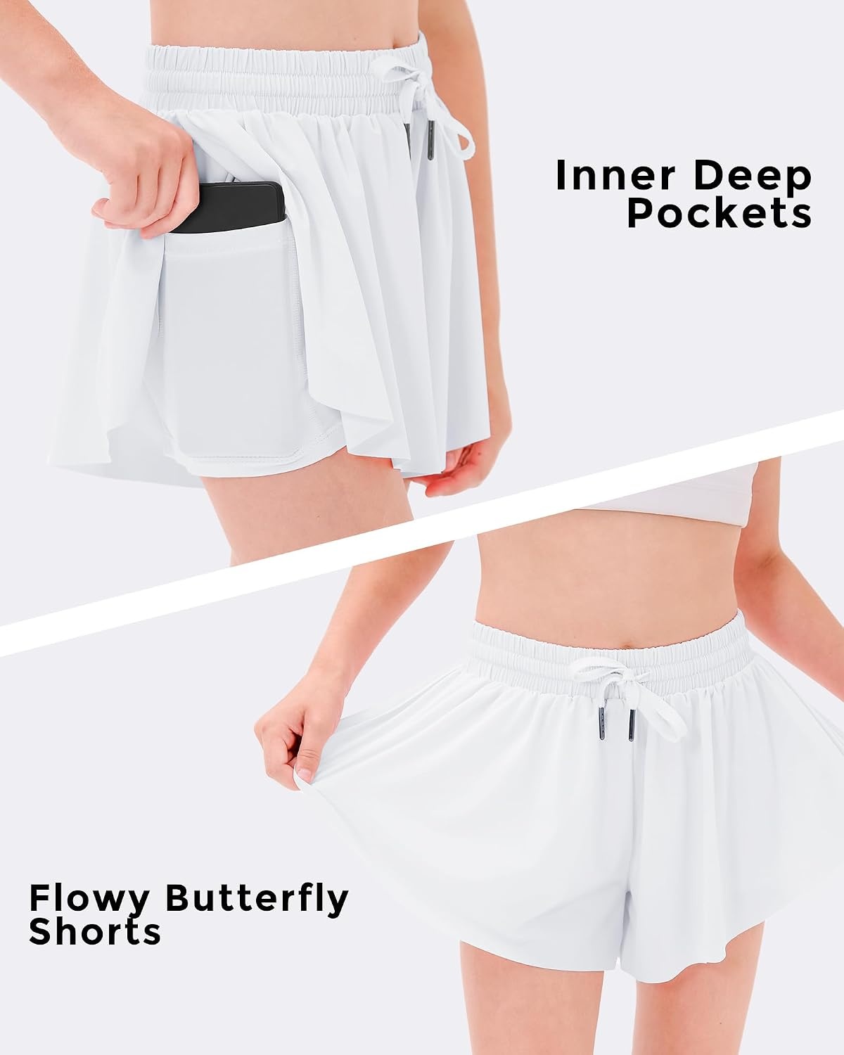 Stelle Girls Butterfly Shorts with Pockets Athletic Running Sports Skirt | 2 in 1 Sports short, 5-16 Years, Lightweight, Breathable, Quick-dry, Compression liner, 2 Inner pockets, Elastic waistband(Black+white+lavender)