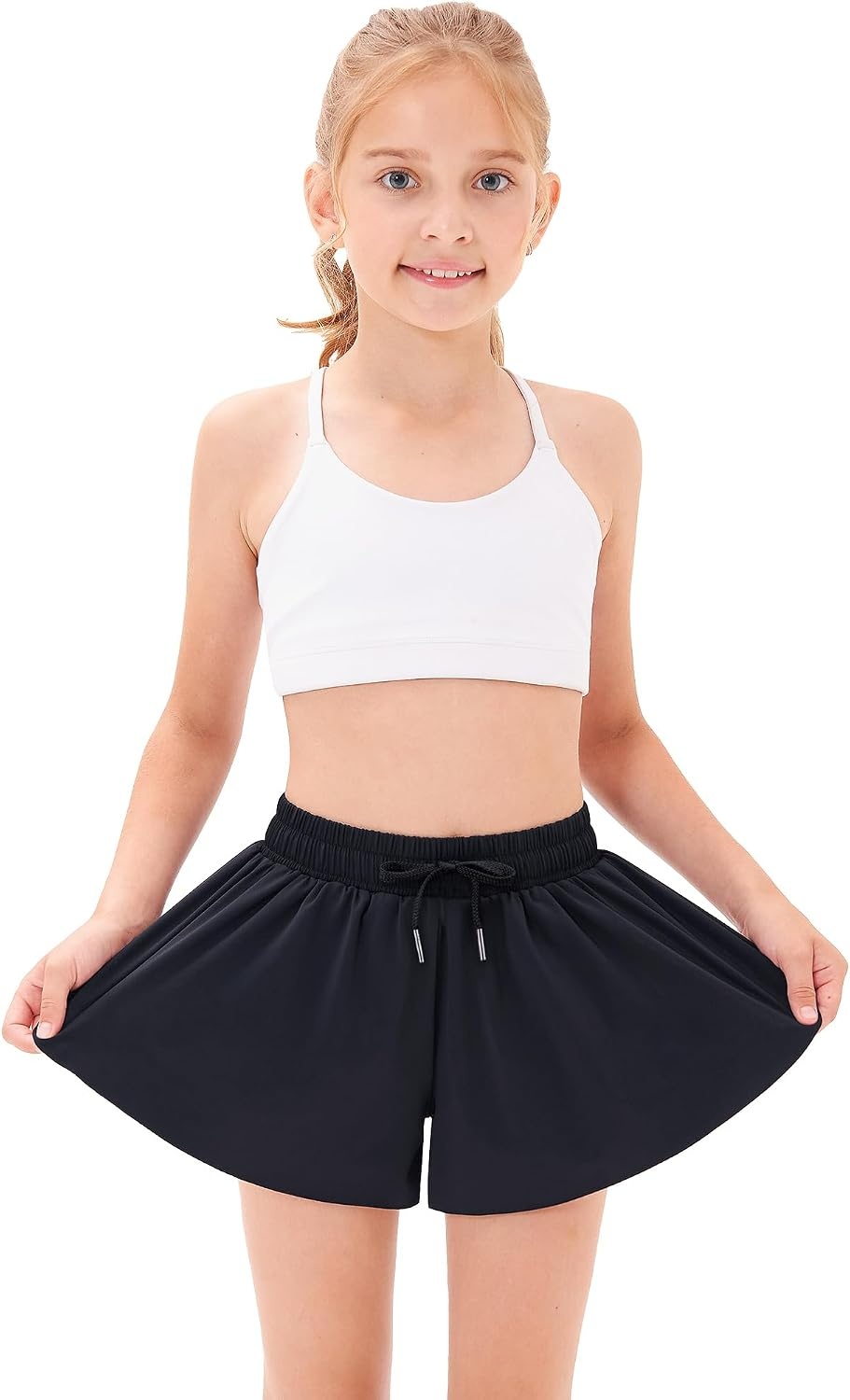 Stelle Girls Butterfly Shorts with Pockets Athletic Running Sports Skirt | 2 in 1 Sports short, 5-16 Years, Lightweight, Breathable, Quick-dry, Compression liner, 2 Inner pockets, Elastic waistband(Black+white+lavender)