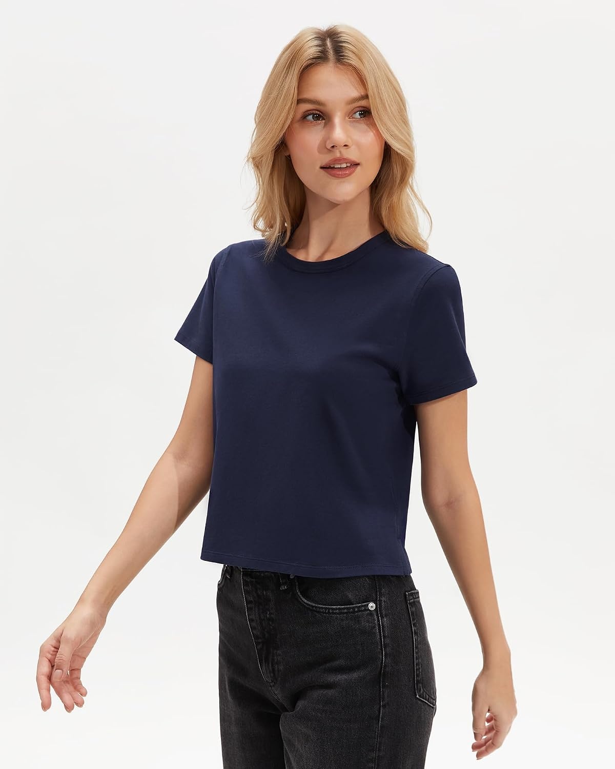 Stelle Women’s Short Sleeve Crewneck T-Shirts Cotton Basic Tees Summer Casual Solid Crop Tops(Navy)