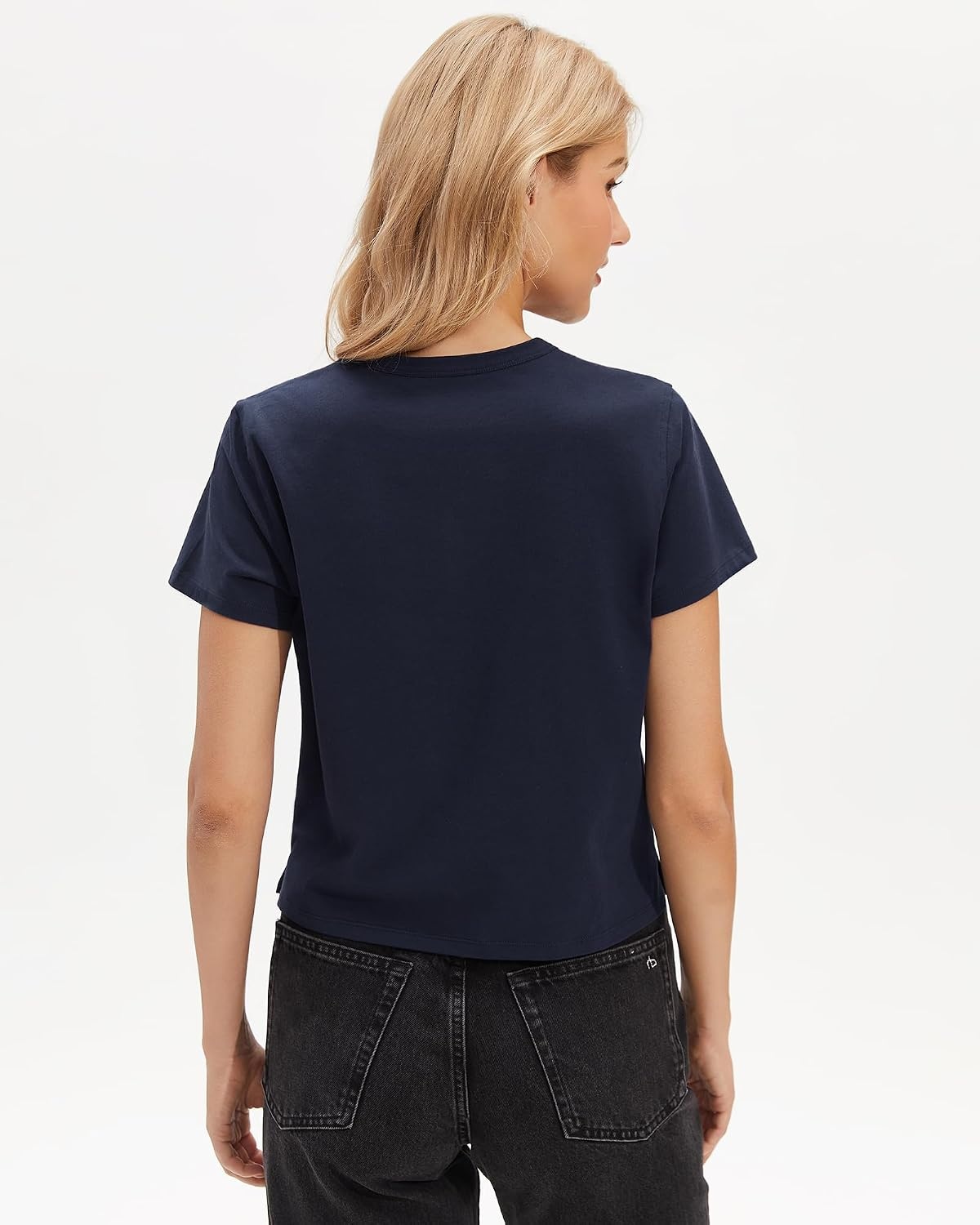 Stelle Women’s Short Sleeve Crewneck T-Shirts Cotton Basic Tees Summer Casual Solid Crop Tops(Navy)