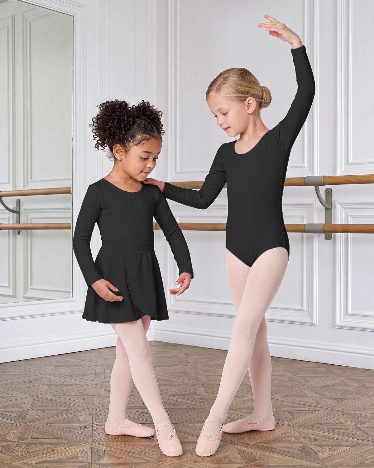 Stelle Girls Ballet Leotards Dance Outfits with Skirt and Footed Tights | Crew neck, Removable ballet skirt, Durable footed tights, Fully lined front, High elasticity & durable, Breathable(04-black-long Sleeve)