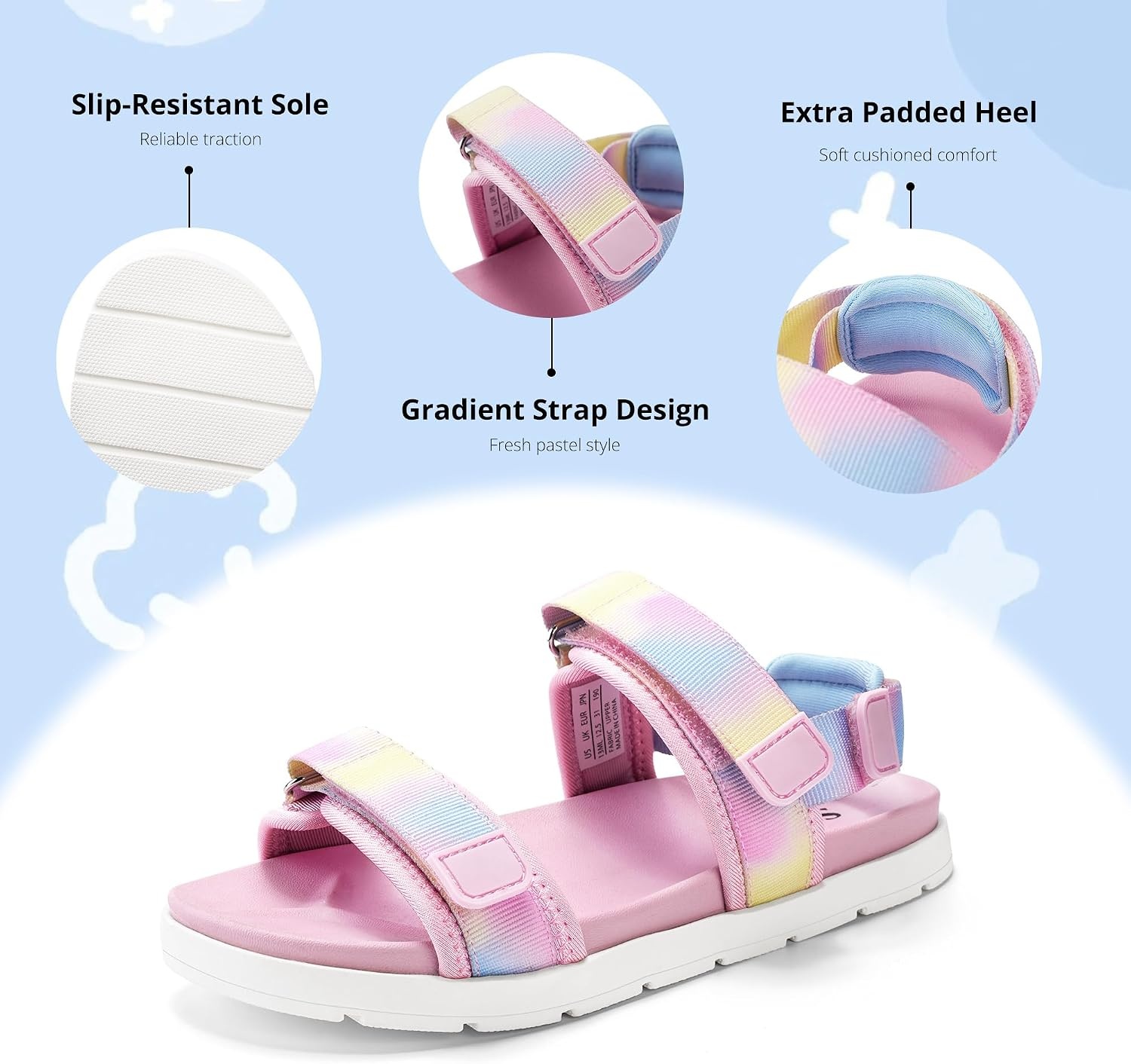 Stelle Girls Summer Casual Open-Toe Flat Toddler Kids Sandals | Triple Hook-and-Loop Straps Adjustable Fit Walking Outdoor Water Beach Play Lightweight Comfort Everyday Wear Girls & Boys(Rainbow)
