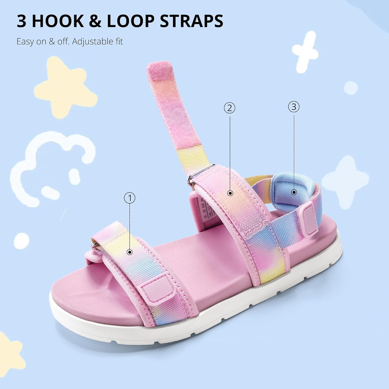 Stelle Girls Summer Casual Open-Toe Flat Toddler Kids Sandals | Triple Hook-and-Loop Straps Adjustable Fit Walking Outdoor Water Beach Play Lightweight Comfort Everyday Wear Girls & Boys(Rainbow)
