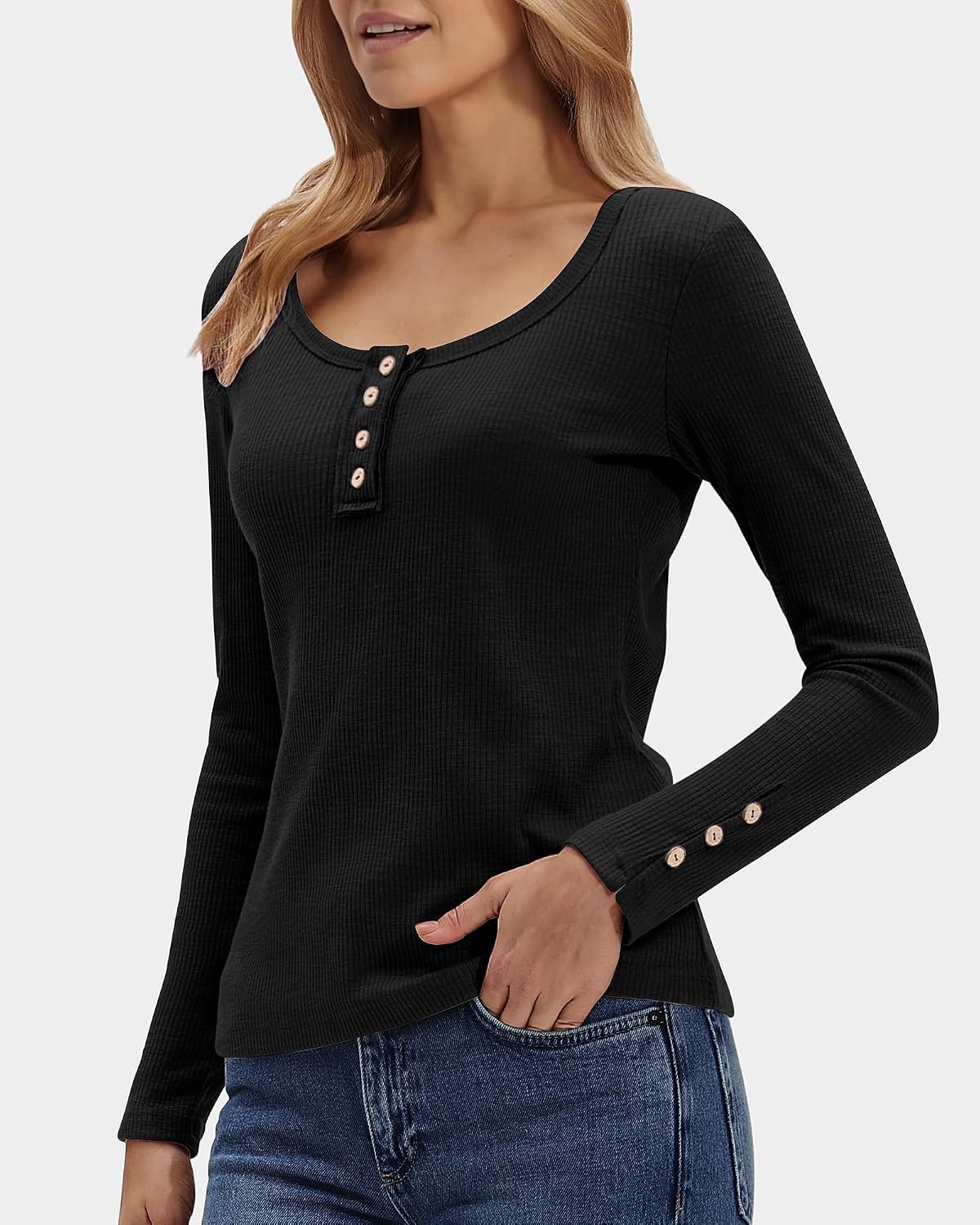 Stelle Women’s Ribbed Knit Henley Long Sleeve Button Top Loose Fit(Black)