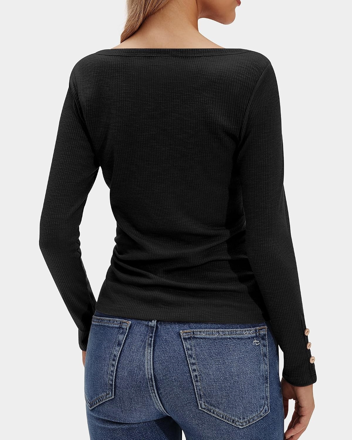 Stelle Women’s Ribbed Knit Henley Long Sleeve Button Top Loose Fit(Black)