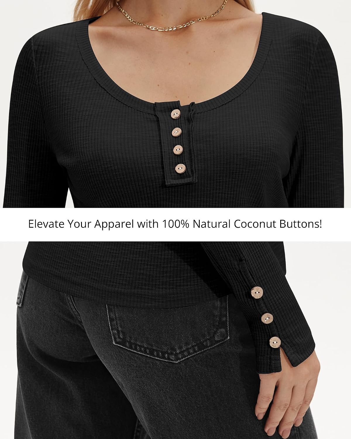 Stelle Women’s Ribbed Knit Henley Long Sleeve Button Top Loose Fit(Black)